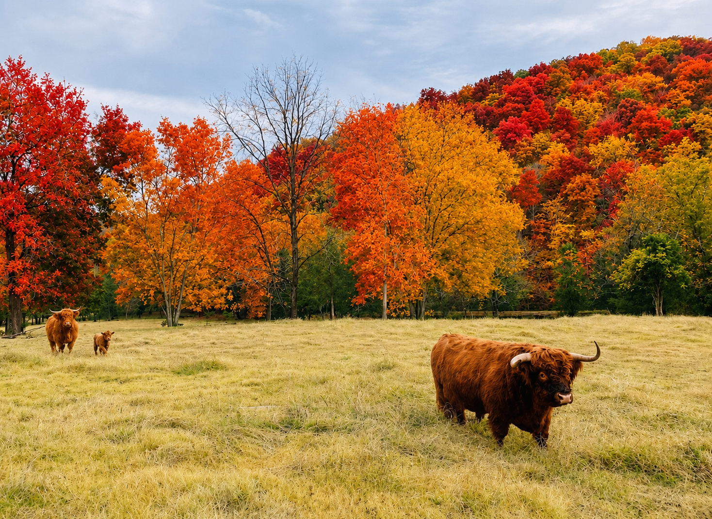 Highland cattle grazing in a Tennessee pasture beneath vivid autumn foliage